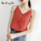 Casual Loose Buttons Top Tank Women 5Colors Sexy High Street Strap Chiffon Female T Shirt All-match Soft Camis
