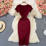 Thin Collar Knitted Dress Short Sleeve 2025 Summer New Temperament Sexy Hot Ass Long