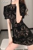 Temperament Robe Femme Vintage Slim Sexy Chic Woman Dress O-neck Short Sleeve Lace Black Vestido Femme Bodycon Mini