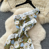 Light Luxury Name Heavy Industry Hollow Hook Lace Dress Female Senior Wood Ear Splicing Oblique Shoulder