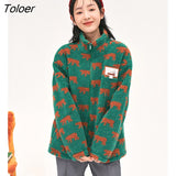Women Thick Plush Coat 2022 Winter Long Sleeve Stand Collar Loose Jacket Graphic Print Green Warm Casual Sweatshirt