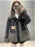 2022 Women Winter Fashion Thick Faux Fox Fur Jackets Female Patchwork Denim Coats Ladies Long Sleeve Loose Warm