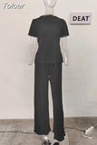 Fashion Women's 2 Pcs Set Pleated New Round Neck Loose Short Sleeve Tops And Highwaist Straight Pants Summer 2023