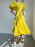 TWOTWINSTYLE Casual Yellow Dress For Women V Neck Puff Sleeve High Waist Solid Minimalist Elegant Midi Dresses Female Summer