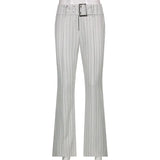 White Striped Y2K Joggers Women Low Waist Streetwear Flare Pants With Sashes Vintage 90s Aesthetic Gray Girl