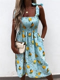 Women Summer Flower Print A-Line Dress with Pockets Shrinkage Designer Sling Square Collar Sleevelss Slim Midi