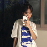 Koran Fashion Cat Printed Short Sleeve T-shirts Summer Fairycore White Oversized Tshirt Kawaii Cartoon Tops Loose