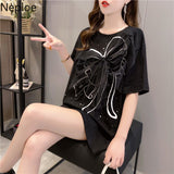 Oversized T Shirts Women Patchwork Gauze Chic Bow Tops Ladies Short Sleeve O Neck Tees Summer Loose Casual White