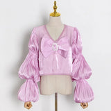 Vintage Solid Shirt For Women V Neck Lantern Sleeve Fold Pleated Slimming Shirts Female 2022 Spring Clothing