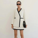 TWOTWINSTYLE Colorblock Two Piece Sets For Female V Neck Long Sleeve Coat With High Waist Skirt Women's Casual Suits Fashion