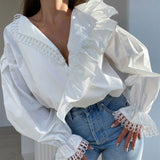 White Cut Out Shirt For Women V Neck Puff Sleeve Loose Solid Minimalist Button Through Blouse Female Clothing