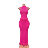 New Hollow Knitted Jassin Set Sleeveless High-Collar Top + Two-Piece