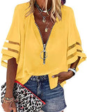 Zipper Half Bell Sleeve Mesh Solid Color Stitching Loose Casual Women's