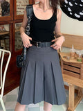 Vintage Y2k Pleated Skirt Women Preppy Style Autumn Korean Fashion High Waist Knee Length A-line Skirt 90s