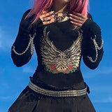 Wings Print Y2K Harajuku Goth T-shirt Women Autumn Casual Black Crop Top T Shirts with Sleeve Punk Fashion Tee