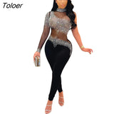 Diamonds Rompers And Jumpsuits Summer Sexy Short Jumpsuits For Women Casual Mesh See Through Long Sleeve Romper
