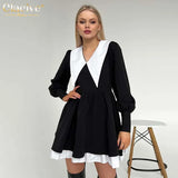 Fashion Doll Collar Black Dresses For Women 2022 Casual Lantern Sleeve Office Mini Dress Ladies Elegant Patchwork