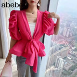 Lace Up Bowknot Shirt For Women V Neck Puff Sleeve High Waist White Blouse Female 2022 Fashion New
