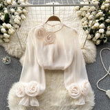 Shirt Female Design Sense Small Three-Dimensional Flower Bubble Sleeves To Reduce The Age Of Pure Color Chiffon Shirt Women's Long-Sleeved