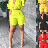 Piece Sets Womens Outifits Summer Lounge V-Neck Flutter Sleeve Crop Top & Shorts Set Fashion Multicolor Casual