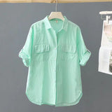 Short-Sleeved Solid-Colored Shirt Women 2025 Summer New Outer Shirt Design Sense Double Pocket Loose Thin Top