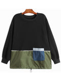 Women Army Green Pocket Big Size Casual T-shirt New Round Neck Long Sleeve Fashion Tide Spring Autumn 2023