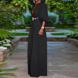 Elegant Long Jumpsuits Women 3/4 Sleeve Vintage High Waist Wide Leg Rompers Casual Pleated Party Overalls Loose Pants No