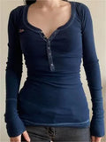 Navy Blue Ribbed Long Sleeve V-Neck