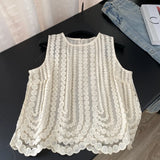 Wearing A Female Summer Sweet Heavy Industry Hollow Embroidered Round Sleeveless Shirt