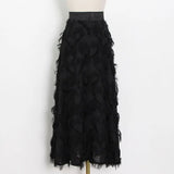 Black Ruched Skirt For Women High Waist Patchwork Tassel Solid Midi Skirts Female Summer Clothing 2022 Summer
