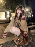 Brown V-neck Letter Print Oversize Sweater-Outfit