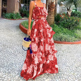 Women's New Fashion Floral Blouse Sling Lotus Leaf-Side Cake Dress Suit For