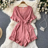 2022 Summer New Korean Rompers Women Flared Sleeve Solid Ruffle Wide Leg Short Jumpsuits Casual Vacation Beach