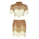 Sisterlinda Contrast Color Knitted Stitching Women 2Piece Set Short Sleeve Button T-Shirt+Mini Skirt Lady Vacation Matching