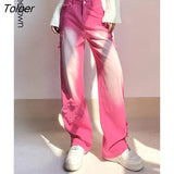 Star Patches Designs Pink Cute Y2K Low Rise Jeans Washed Tie Dye Gradient Straight Denim Pants Women Korean