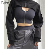 Hip Hop Solid Cargo Super Cropped Jackets Gothic Loose Zip Up High Collar Coats Streetwear Black Pockets Bomber