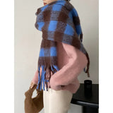 Women's Color Contrast Plaid Thickened Scarf with Tassel Warm Autumn Winter Designer Cashmere Neck Scarves Shawl