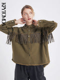 Stylish Fringe Beaded Loose Denim Jacket Coat Women Fashion Long Sleeve Frayed Trim Ladies Outerwear Chaqueta