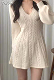 Vintage Woman Dresses V-neck Lantern Sleeve Knit Robe Elegant Vestidos De Mujer Fashion Korean Sweater Y2K Mini