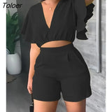Piece Sets Womens Outifits Summer Lounge V-Neck Flutter Sleeve Crop Top & Shorts Set Fashion Multicolor Casual