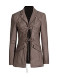 Toloer Spring Fashion Sexy V-Shaped Tie Hollow Out Waist Irregular Splicing Design Sense Suit Jacket Female-Outfit