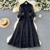 Retro Elegant Dress Woman 2025 New High-End Collar Single Buckle Waist Embroidery Mesh