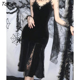 Spaghetti Strap Backless Velvet Woman Long Gothic Cross Dress Black Lace Patchwork Dress Style Maxi Harajuku Emo