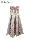 TWOTWINSTYLE Sexy Embroidery Sling Dress For Women Square Collar Sleeveless High Waist Midi Dresses Female Summer Clothing