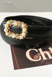 Fashion Women's PU Leather Belt Diamond Decoration Pearl Dress Belt Solid Color Belts All Season 2023 Trend New