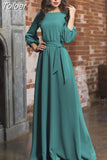 Women Elegant Long Dress O Neck Long Sleeve Lacing Full Length Dress Simple Solid Office Lady Party Night Evening Dress