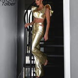 Celebrity Gold Crop Top and Leather Pants Women's Set Sexy V-Neck Ruffle Tops High Cut Out Pants Party Two Piece