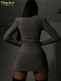 Elegant Gray Glitter Dresses For Women Bodycon O-Neck Long Sleeve Mini Dress Lady Fashion Slim Slit Party Dresses