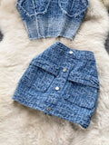 Women Summer Sexy Denim Set Strapless Sling Zipper Design Crop Top + Short Button Mini Shorts Skirt Jeans Two Piece