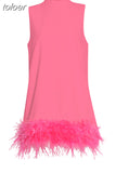 Summer Fashion Mini Dress For Women Round Neck Sleeveless Patchwork Feathers Loose Dresses Female 2023 Clothing
